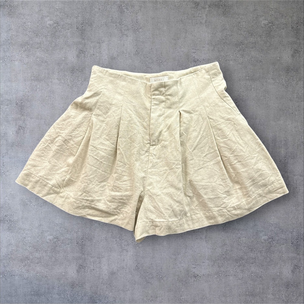Meshki Linen Blend Pleated Shorts Womens Small Beige High Waisted Wide Leg